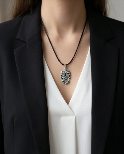 Intricate Monochrome Owl Totem Pendant Necklace