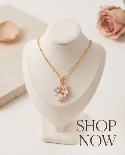Gold Pink Enamel Butterfly & Pearl Rose Cluster Pendant Necklace