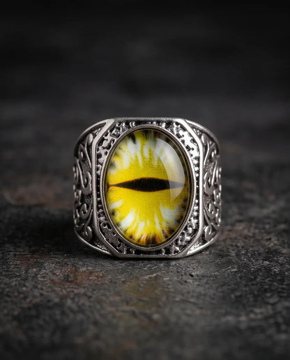 Amber Slit-Pupil Gilded Frame Silver Ring