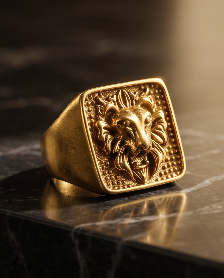 Sovereign Lion Stippled Cushion Signet Ring