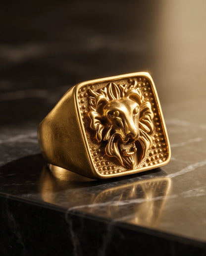 Sovereign Lion Stippled Cushion Signet Ring