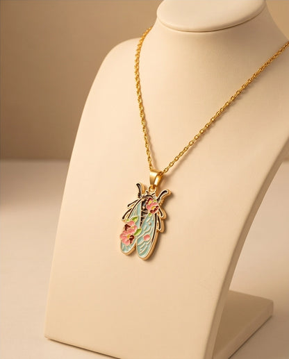 Gold Floral Cicada Enamel Chain Necklace