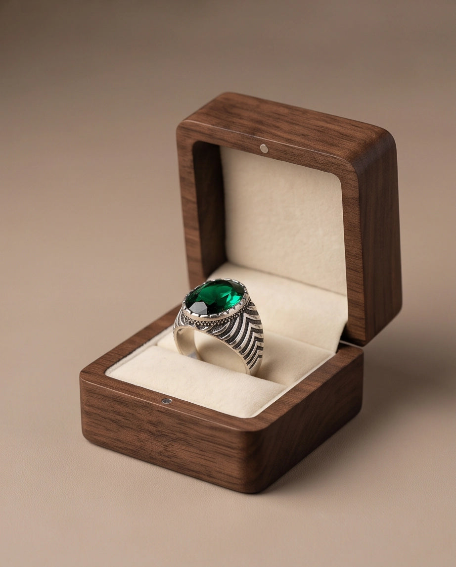 Emerald Gemstone Notched Bezel Chevron Ribbed Silver Ring