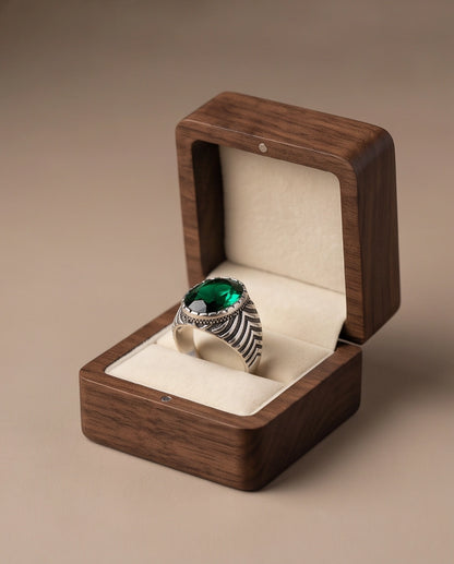 Emerald Gemstone Notched Bezel Chevron Ribbed Silver Ring