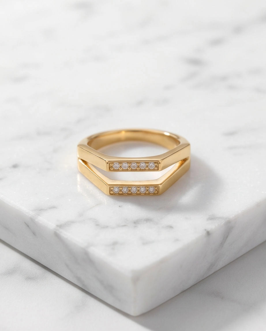 Gold Dual Geometric Bar Micro-Pavé Ring