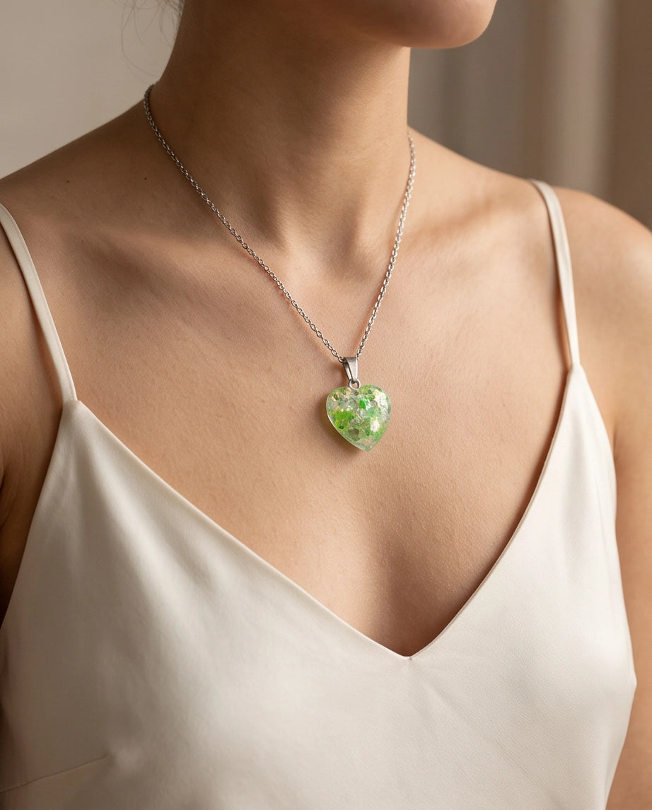 Silver Lime Green Glitter Heart Resin Pendant Necklace
