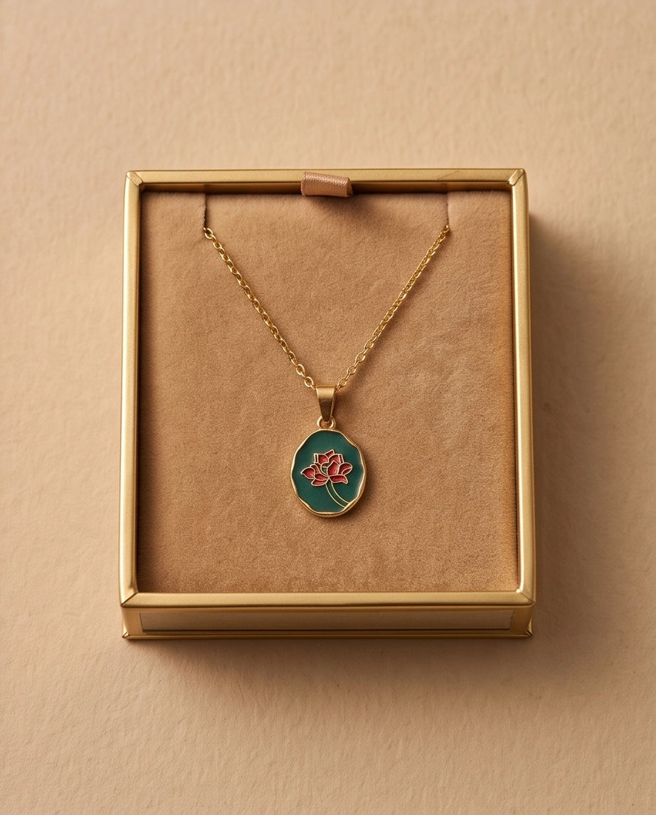 Gold Teal Lotus Enamel Medallion Chain Necklace
