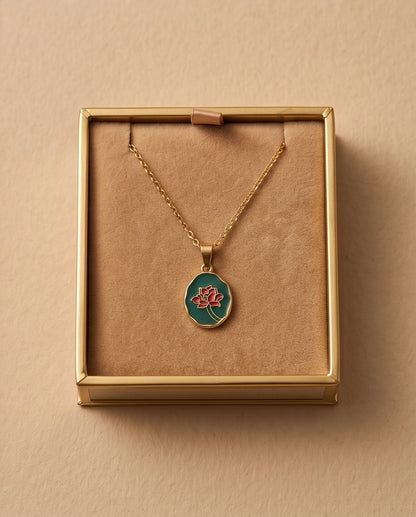 Gold Teal Lotus Enamel Medallion Chain Necklace