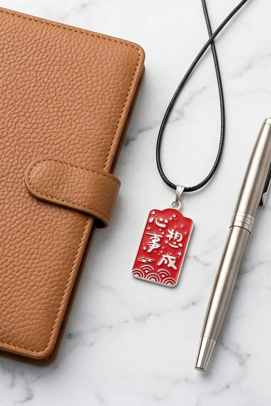 Traditional Red Rectangular "Xin Xiang Shi Cheng" Wish Fulfillment Pendant Necklace