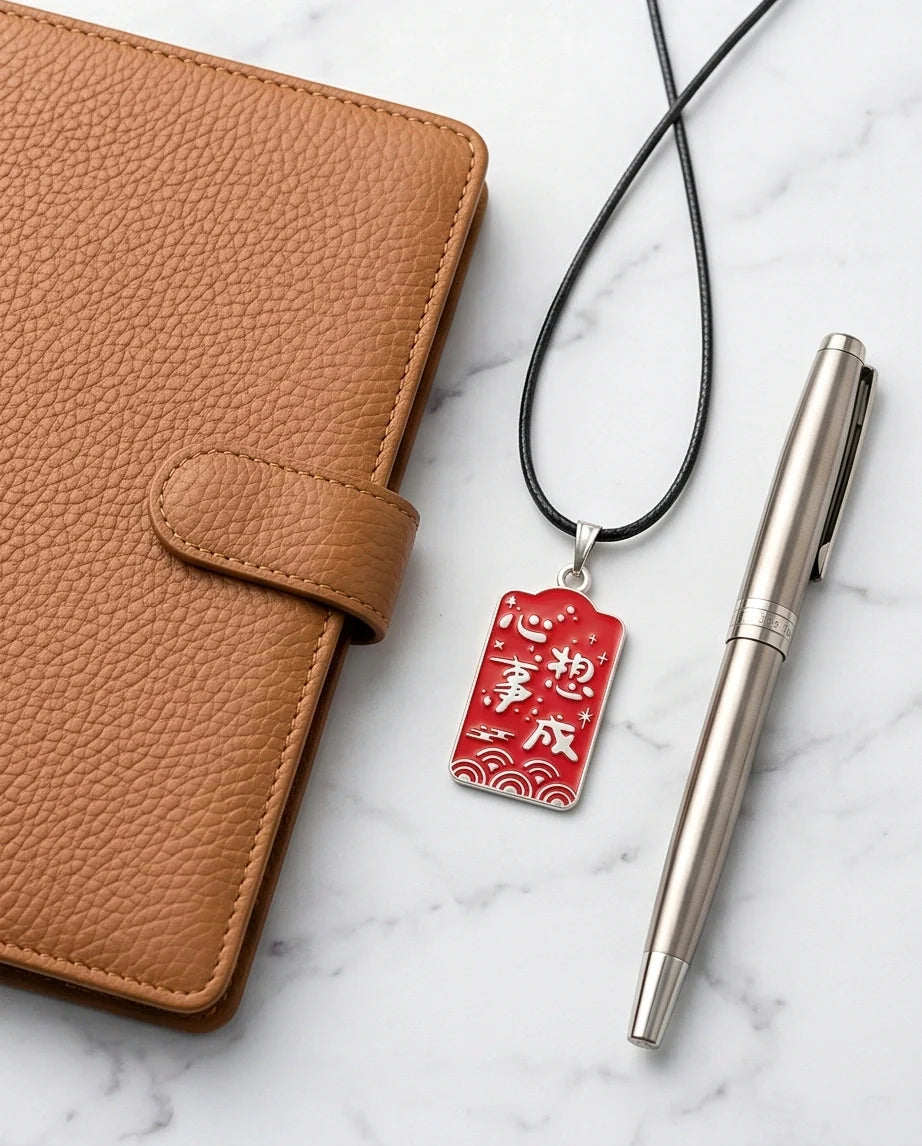 Traditional Red Rectangular "Xin Xiang Shi Cheng" Wish Fulfillment Pendant Necklace