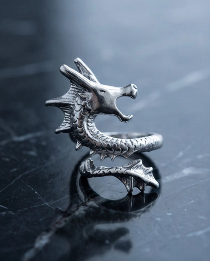 Polished Silver Sculpted Wyrm Dragon Wrap Ring