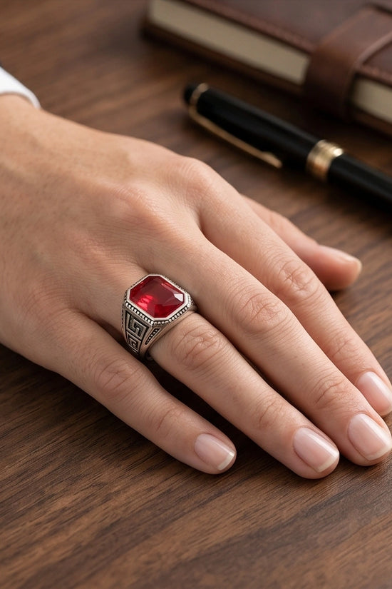 Vintage Greek Key Ruby Red Gemstone Ring