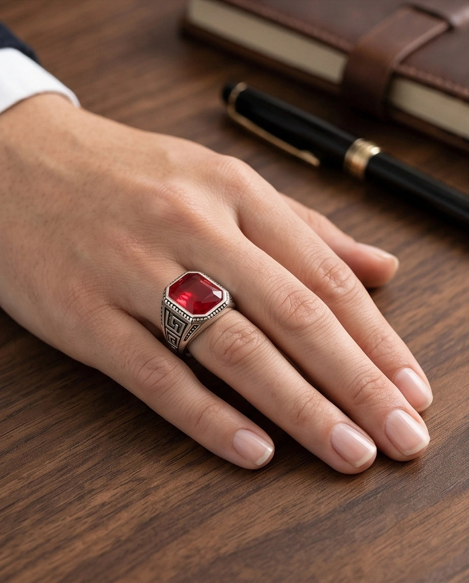 Vintage Greek Key Ruby Red Gemstone Ring