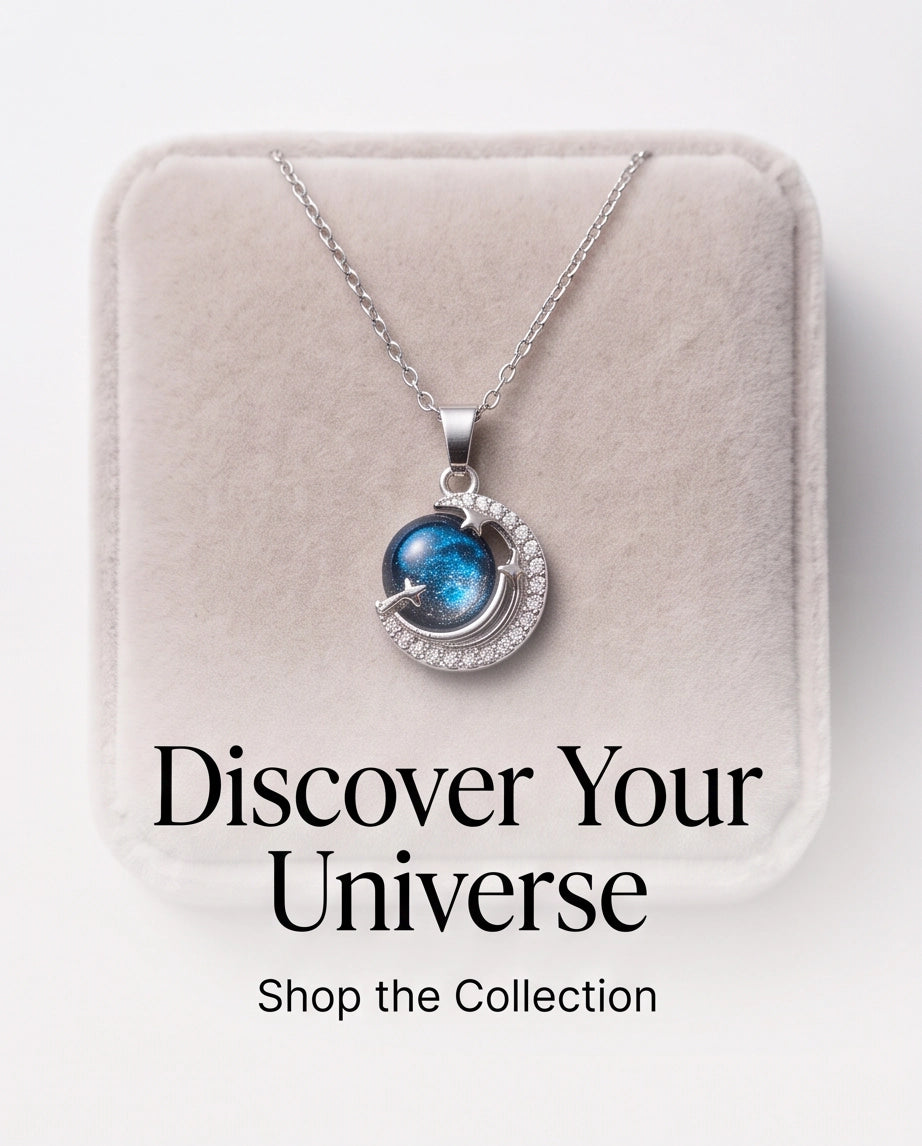 Silver Crystal Crescent Moon Cosmic Galaxy Orb Pendant Necklace