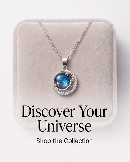 Silver Crystal Crescent Moon Cosmic Galaxy Orb Pendant Necklace