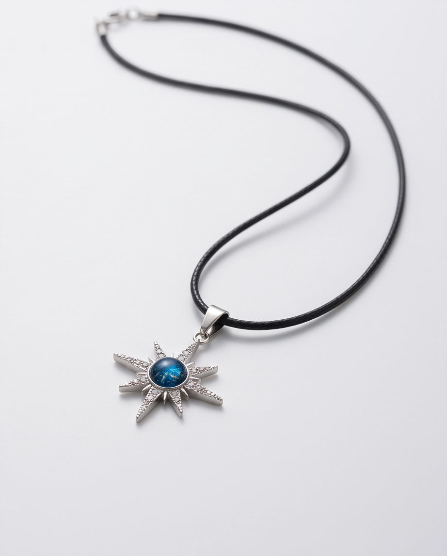 Silver Crystal Paved North Star Cosmic Orb Pendant Necklace