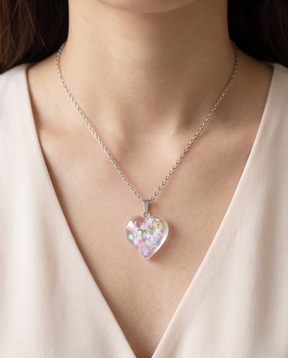 Silver Iridescent Confetti Clear Heart Resin Pendant Necklace