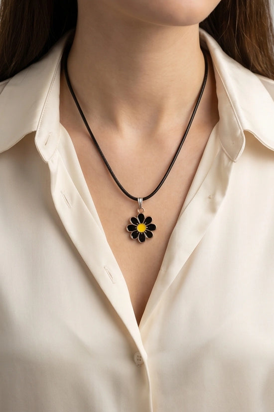 Gold and Black Daisy Pendant Necklace