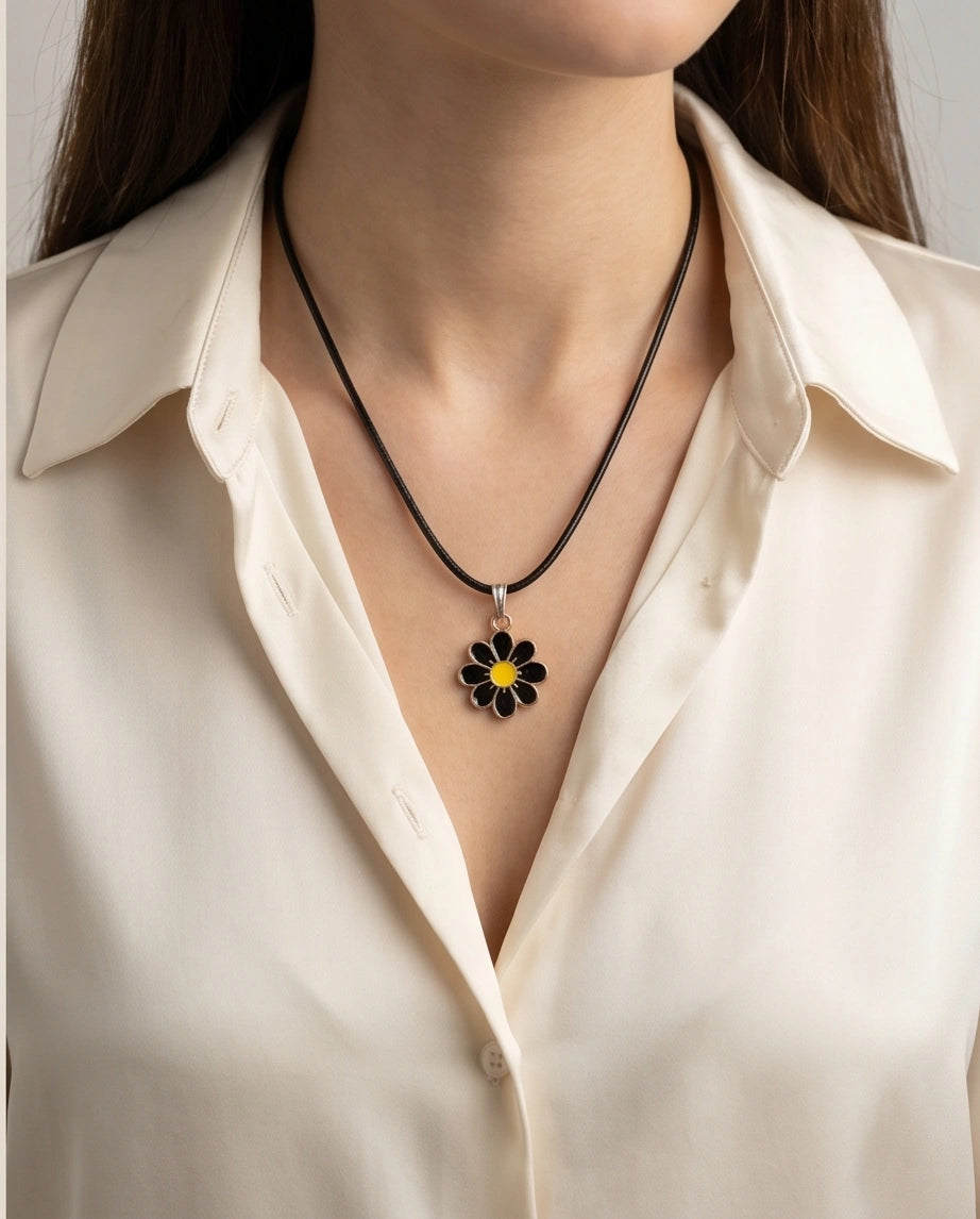 Gold and Black Daisy Pendant Necklace