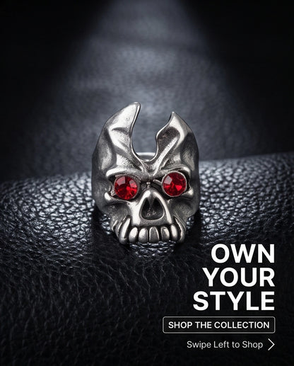 Ruby-Eyed Gothic Horned Skull Silver Ring