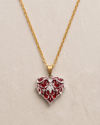 Silver Red Enamel Filigree Heart Pendant Necklace