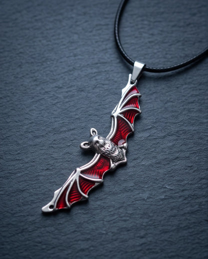 Silver Red Enamel Vampire Bat Pendant Necklace