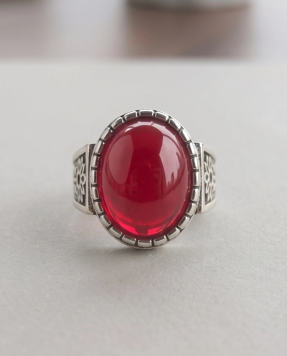 Ruby Cabochon Beaded Bezel Floral Silver Ring