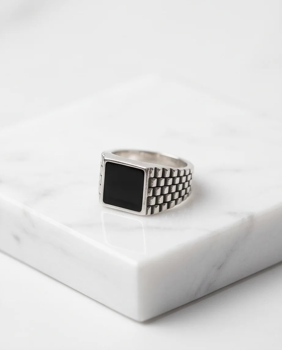Onyx-Style Square Inlay Brick-Link Band Silver Ring