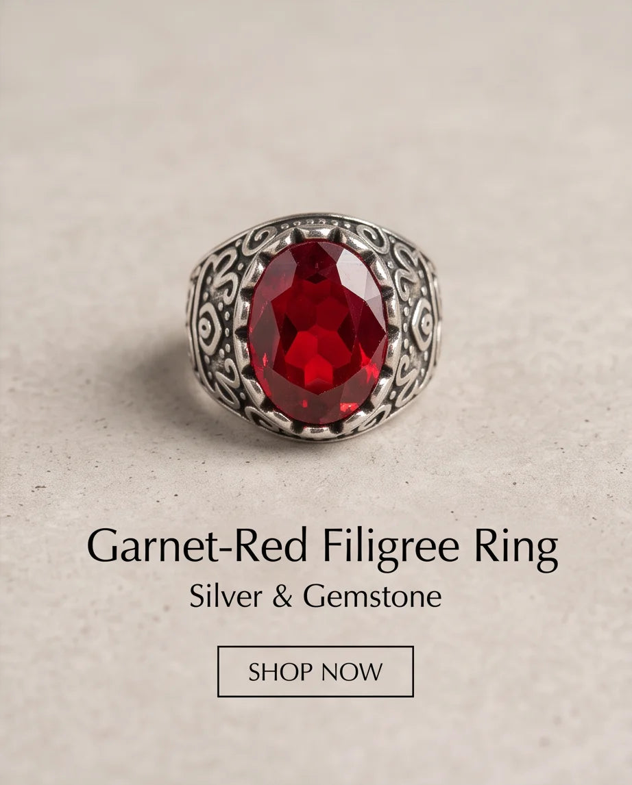 Ruby Gemstone Scalloped Crown Bezel Scroll Filigree Silver Ring