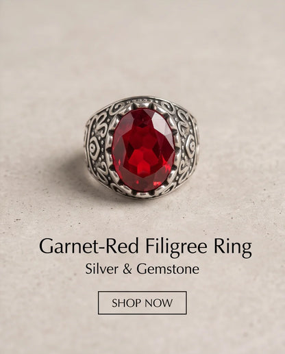 Ruby Gemstone Scalloped Crown Bezel Scroll Filigree Silver Ring