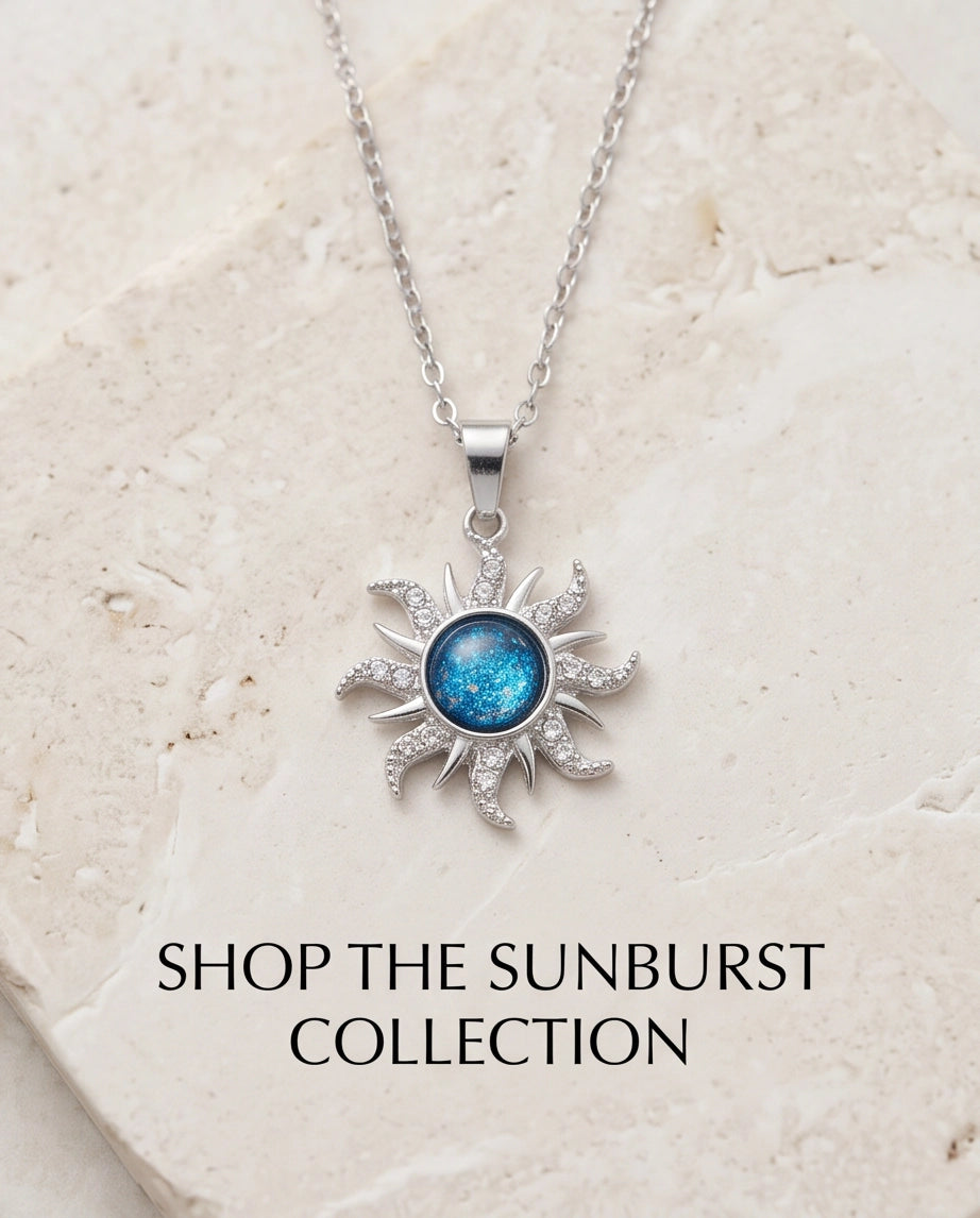 Silver Crystal Celestial Sunburst Galaxy Pendant Necklace