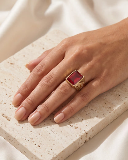 Ruby Red Emerald-Cut Gemstone Beaded Bezel Greek Key Gold Ring