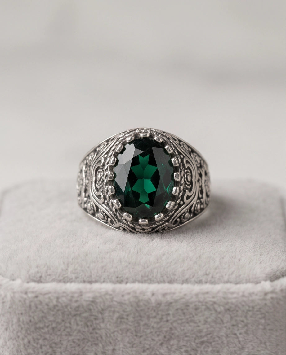 Deep Emerald Oval-Cut Gemstone Ornate Filigree Silver Ring