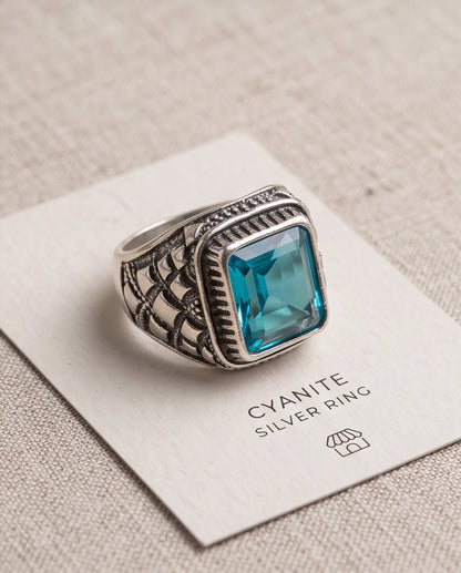 Radiant Cyan Princess-Cut Gemstone Ornate Bezel Silver Ring