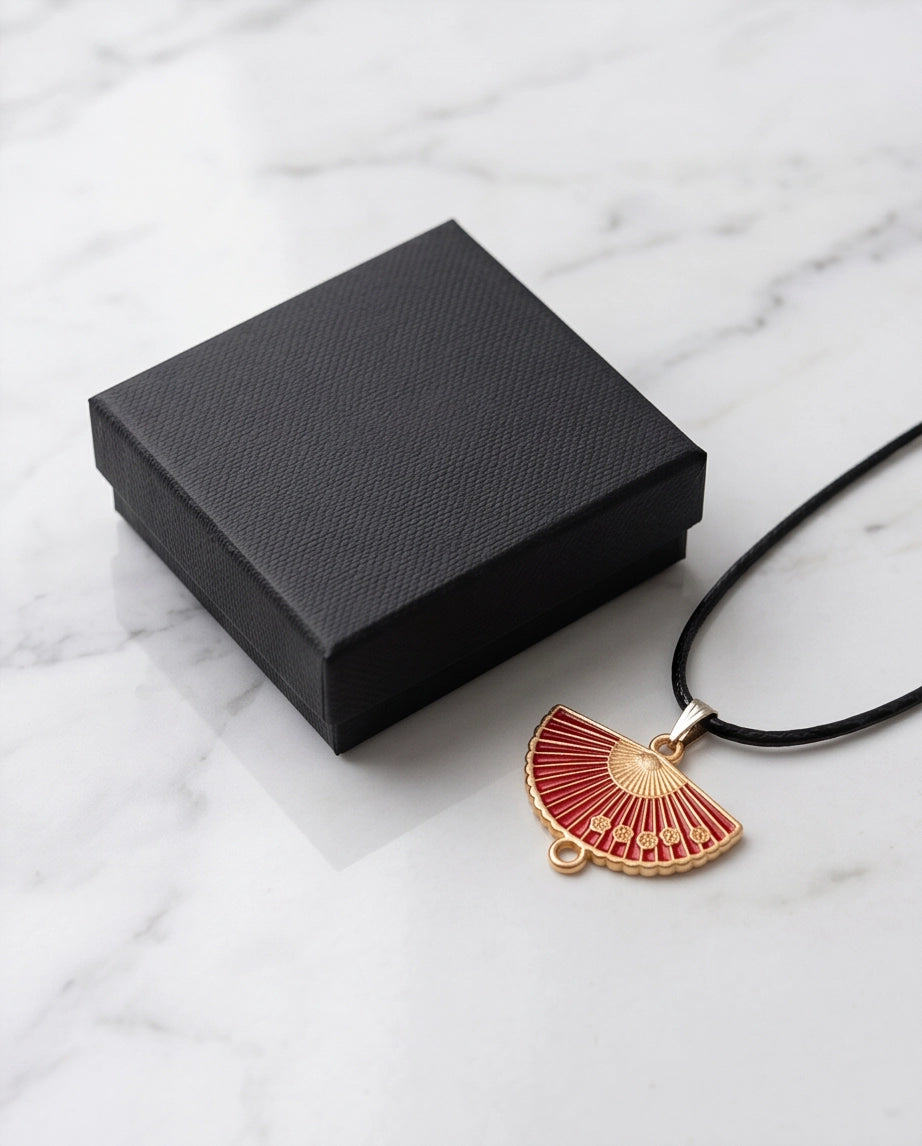 Crimson Sakura Fan Pendant Necklace