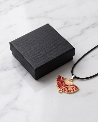 Crimson Sakura Fan Pendant Necklace