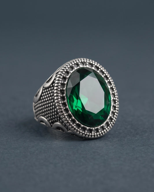 Emerald Gemstone Double Beaded Frame Scroll Silver Ring