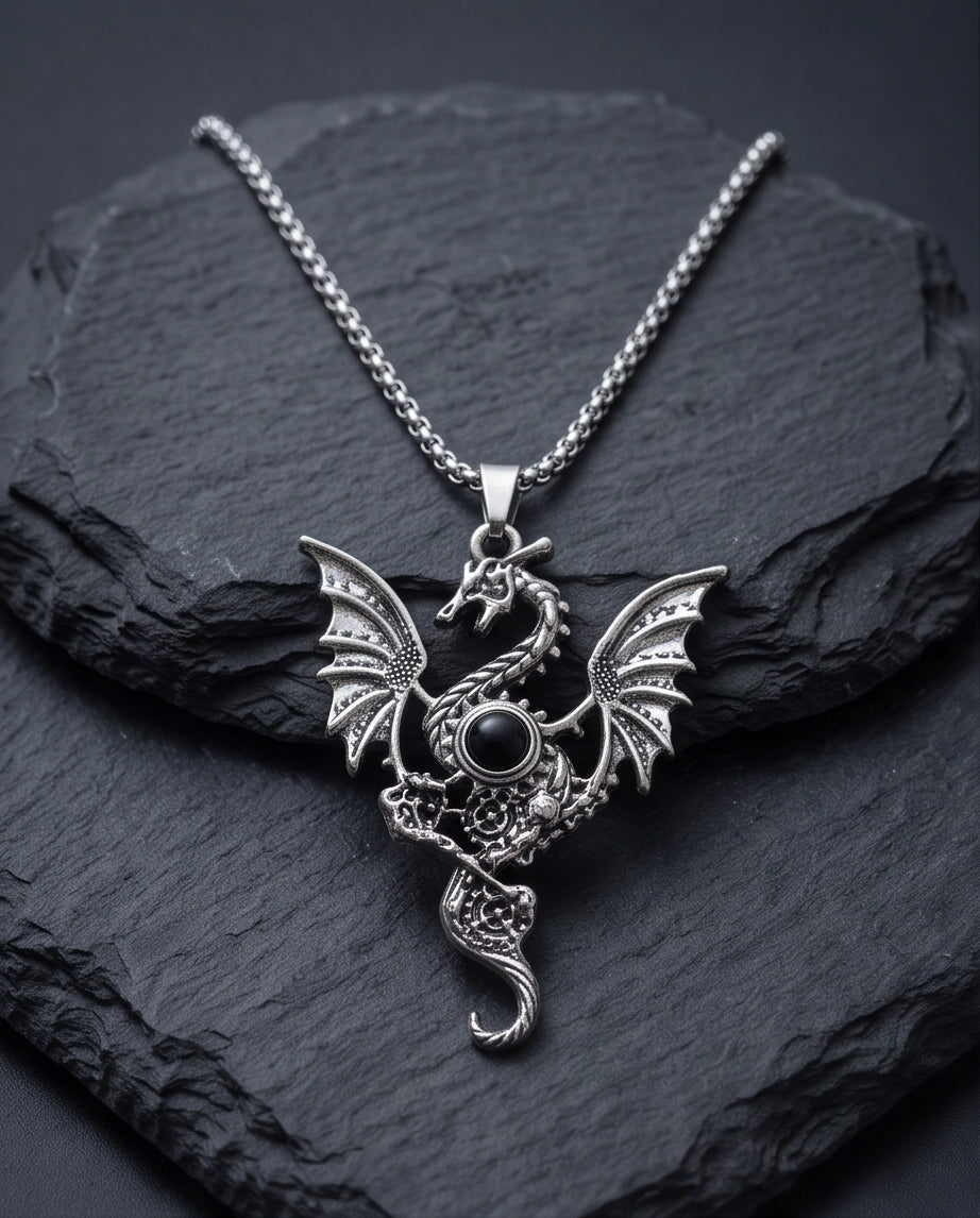 Silver Black Gemstone Dragon Pendant Necklace