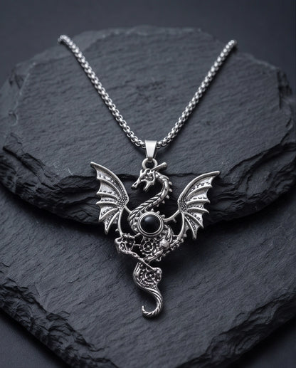 Silver Black Gemstone Dragon Pendant Necklace