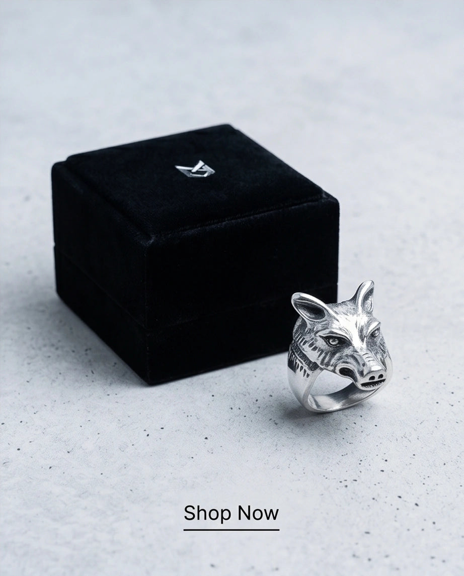 Vintage Silver Oxidized Wolf Head Viking Statement Ring