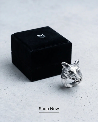 Vintage Silver Oxidized Wolf Head Viking Statement Ring