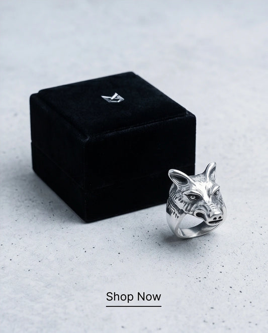 Vintage Silver Oxidized Wolf Head Viking Statement Ring