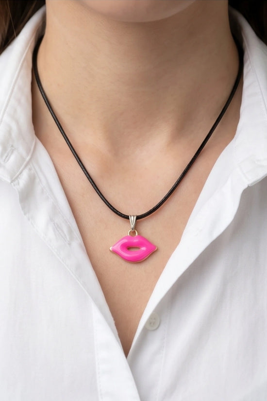Gold and Pink Lips Pendant Necklace