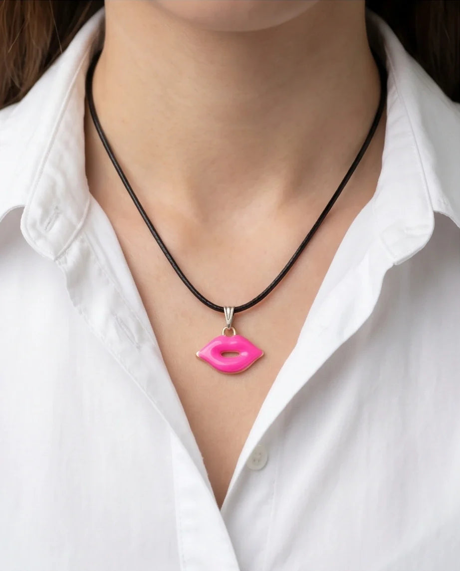 Gold and Pink Lips Pendant Necklace