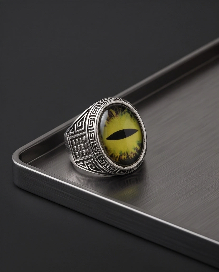Golden-Yellow Slit-Pupil Dragon-Eye Greek Key Silver Ring