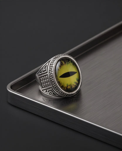 Golden-Yellow Slit-Pupil Dragon-Eye Greek Key Silver Ring