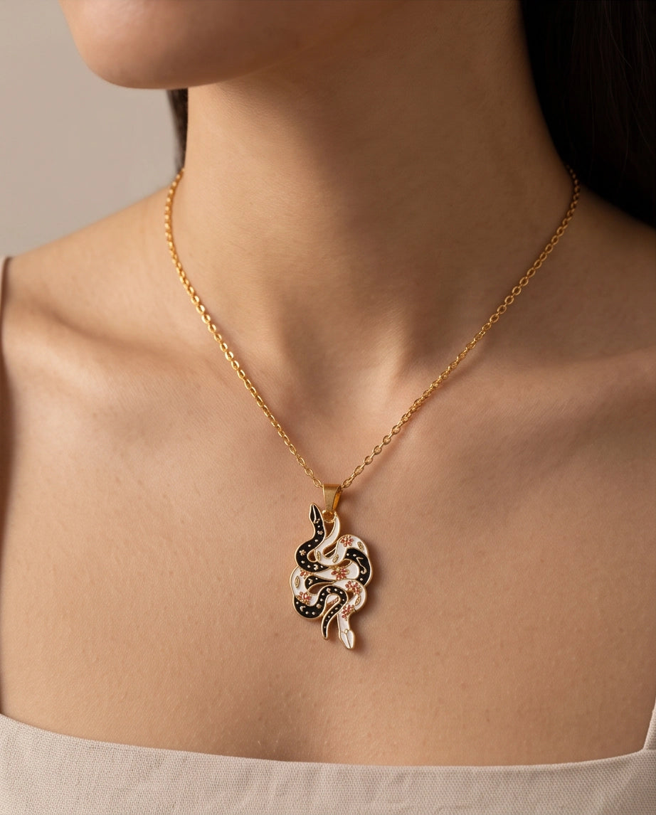 Gold Floral Serpent Enamel Pendant Necklace