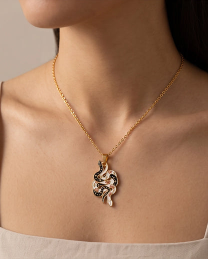Gold Floral Serpent Enamel Pendant Necklace