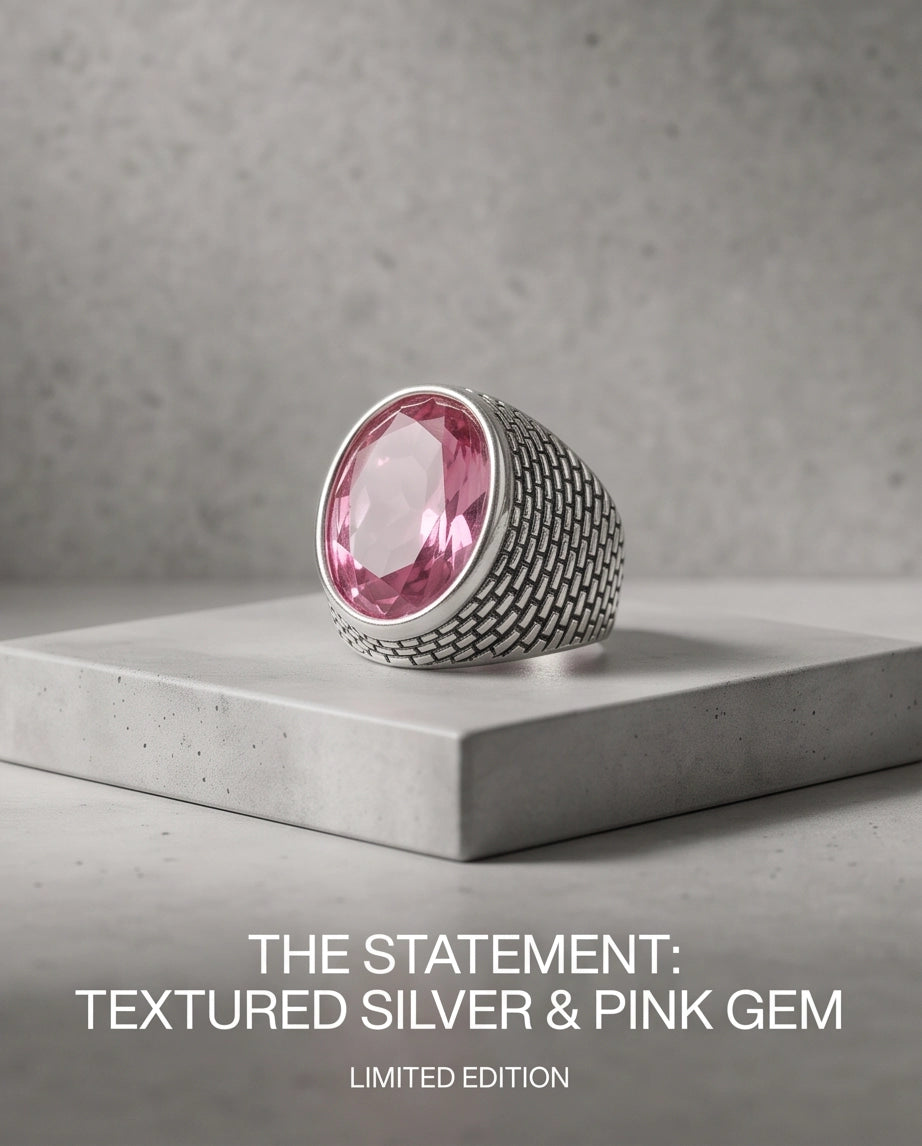Rose Pink Oval-Cut Gemsonde Brick-Link Silver Ring