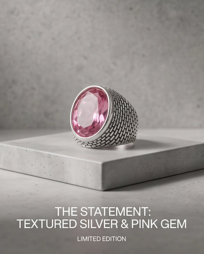 Rose Pink Oval-Cut Gemsonde Brick-Link Silver Ring